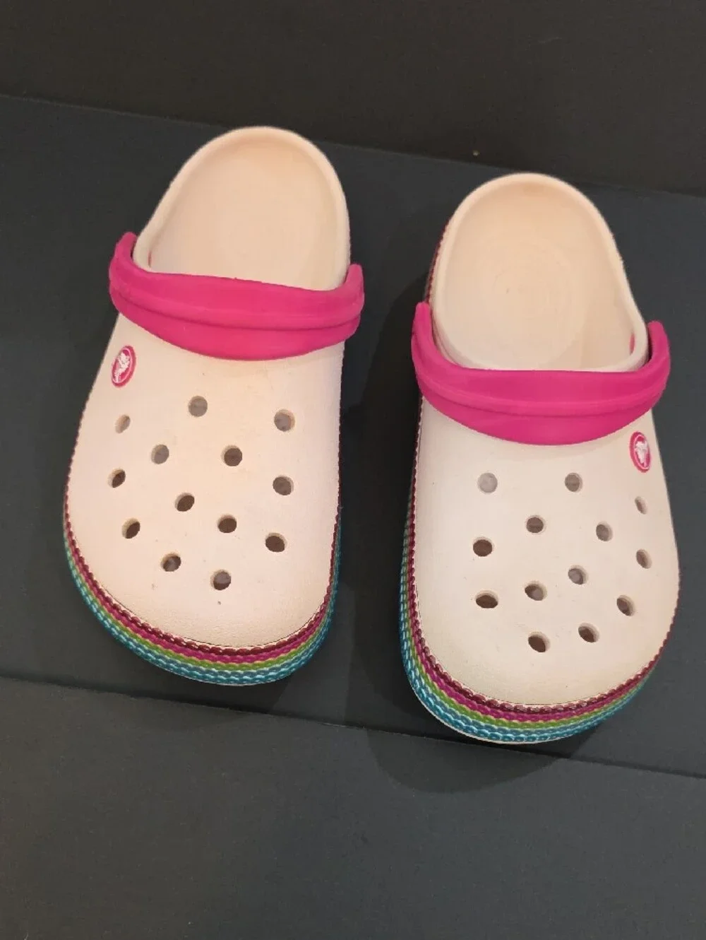 CROCS Women's Clogs in Light Pink with Hot Pink Strap and Rainbow Trim Size 8